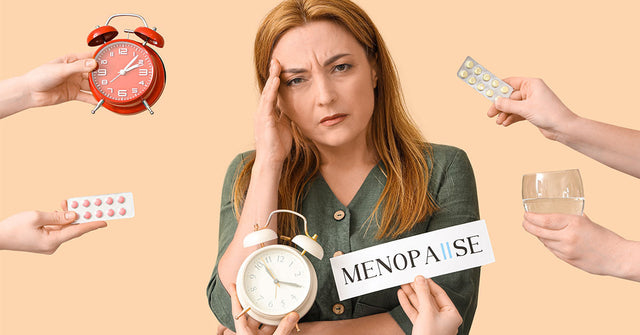 Woman experiencing menopause symptoms surrounded by clocks and medication.